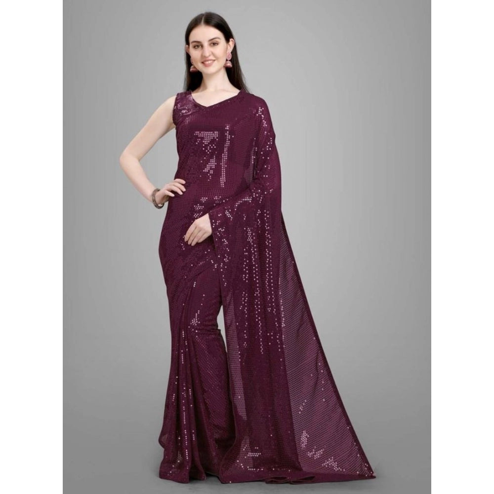 Generic Women's Georgette Embellished Sequnece Bollywood Saree With Unstitched Blouse 5.5Mtr (Purple)