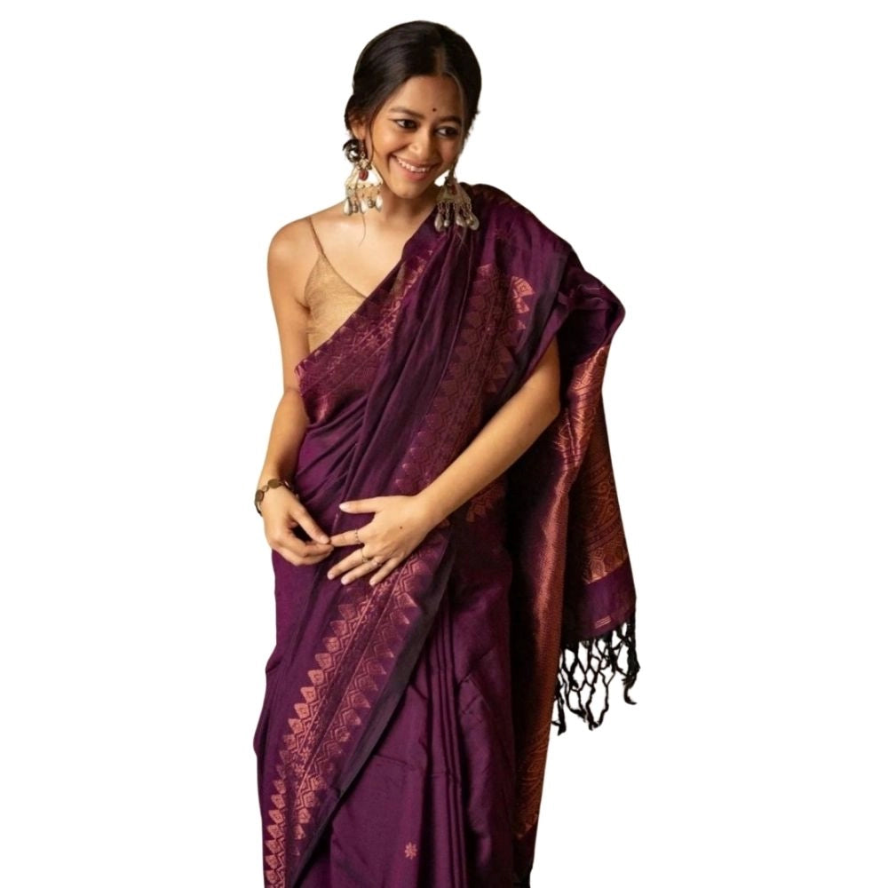 Generic Women's Silk Printed Saree With Unstitched Blouse 5.5Mtr (Wine)
