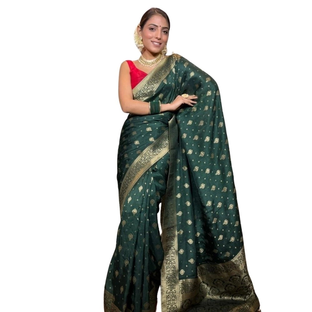 Generic Women's Silk Printed Saree With Unstitched Blouse 5.5Mtr (Green)
