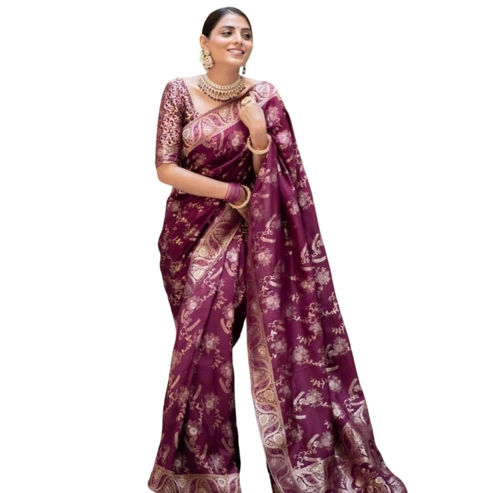 Generic Women's Silk Printed Saree With Unstitched Blouse 5.5Mtr (Wine)