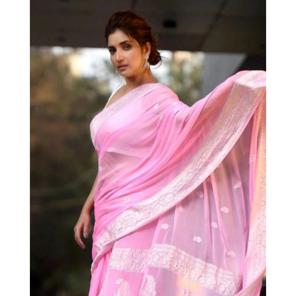 Generic Women's Cotton  Printed Saree With Unstitched Blouse 5.5Mtr (Pink)
