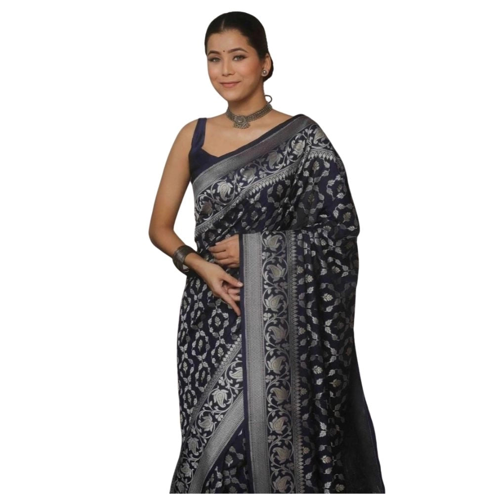 Generic Women's Silk Printed Saree With Unstitched Blouse 5.5Mtr (Navy Blue)