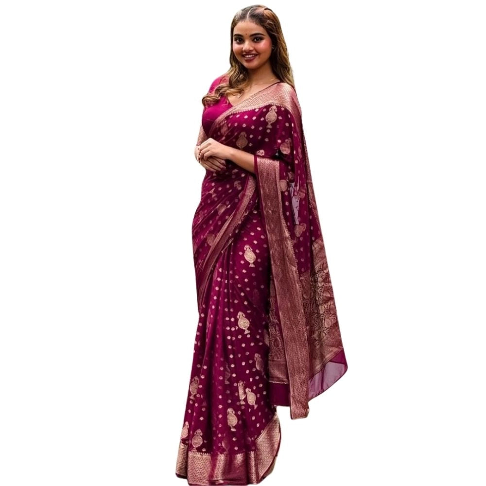 Generic Women's Silk Printed Saree With Unstitched Blouse 5.5Mtr (Wine)