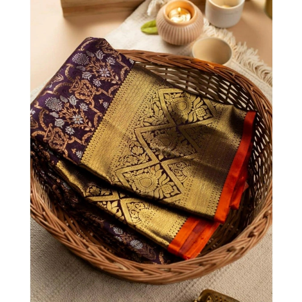 Generic Women's Soft Lichi Silk Printed Saree With Unstitched Blouse 5.5Mtr (Purple)