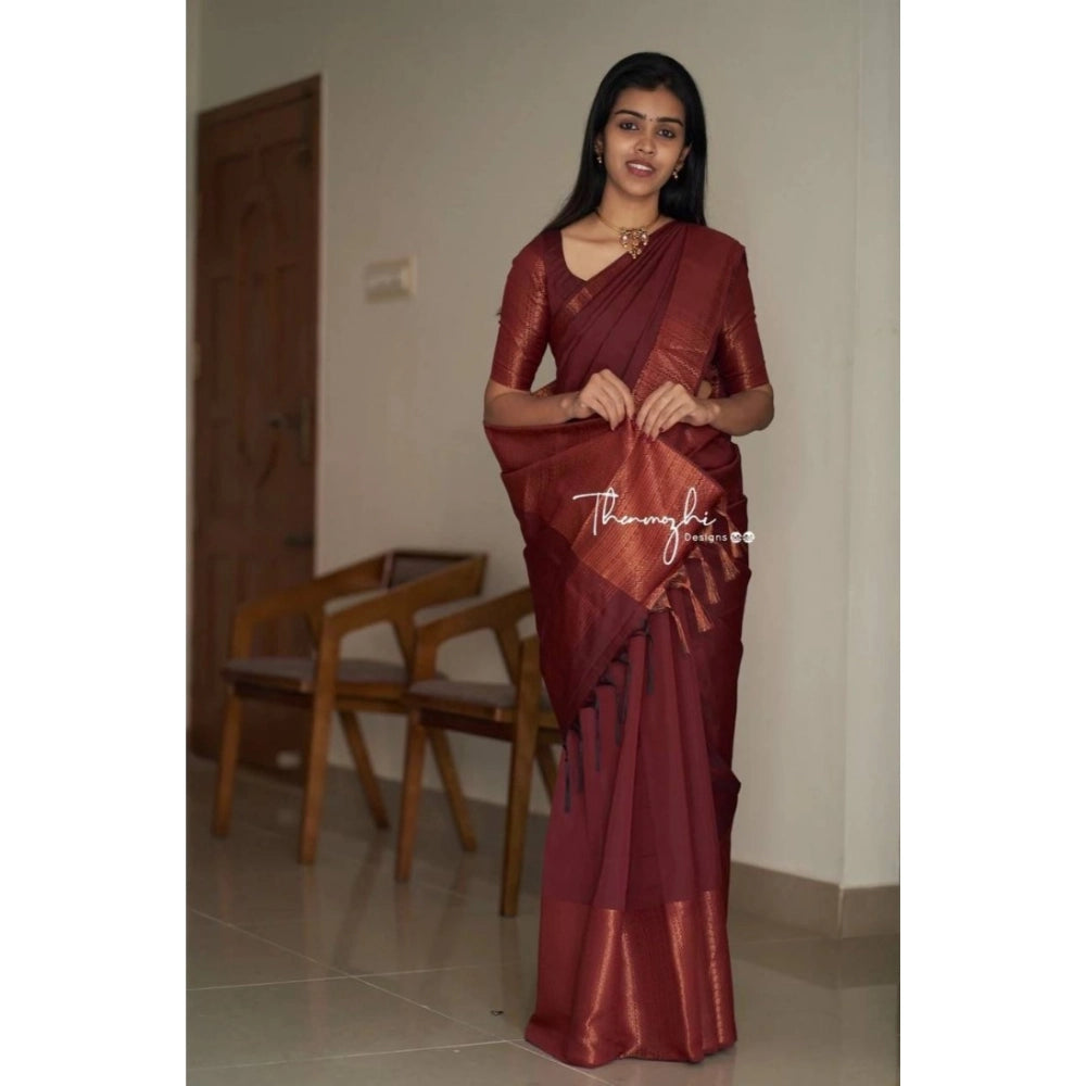 Generic Women's Soft Lichi Silk Solid Saree With Unstitched Blouse 5.5Mtr (Maroon)