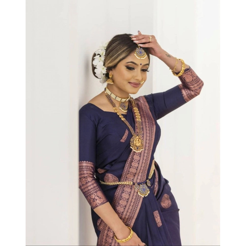 Generic Women's Soft Lichi Silk Printed Saree With Unstitched Blouse 5.5Mtr (Navy Blue)