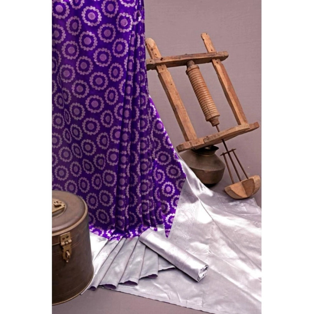 Generic Women's Soft Lichi Silk Printed Saree With Unstitched Blouse 5.5Mtr (Purple)