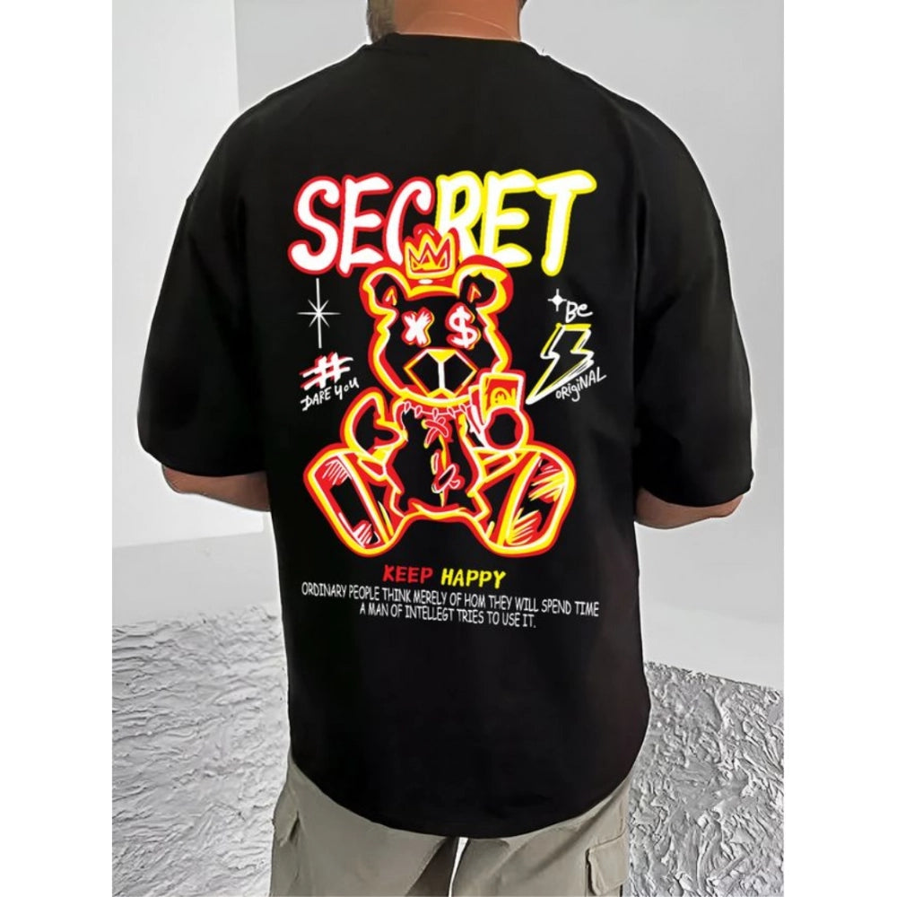 Generic Men's Casual Cotton Blend Printed Round Neck Half Sleeve T-Shirt (Black)