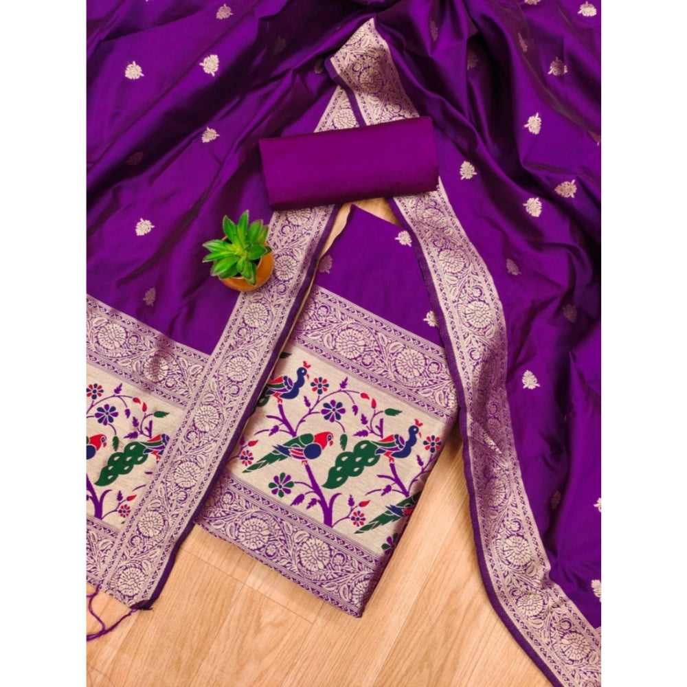 Generic Women's Banarasi Silk Printed Unstitched Salwar Suit Material With Dupatta (Purple, 3Mtrs)