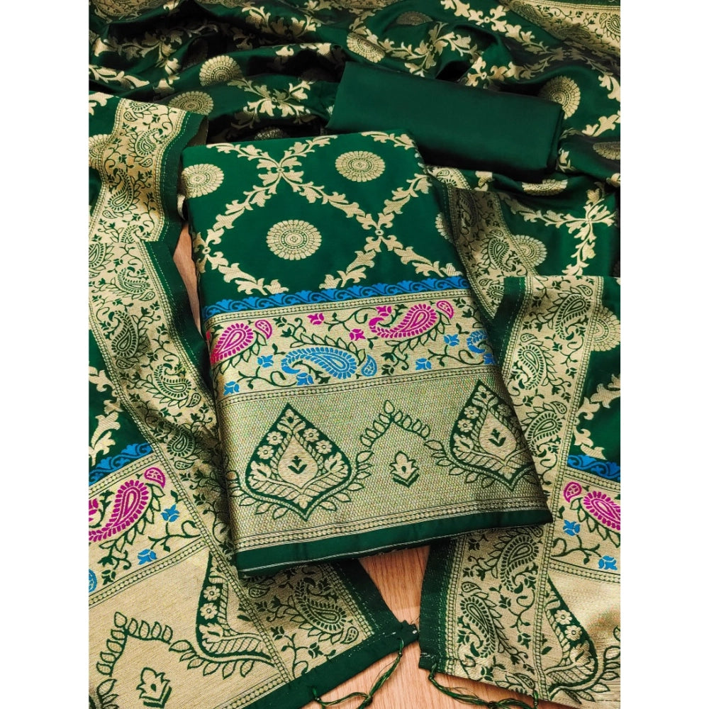 Generic Women's Banarasi Silk Printed Unstitched Salwar Suit Material With Dupatta (Bottle Green, 3Mtrs)