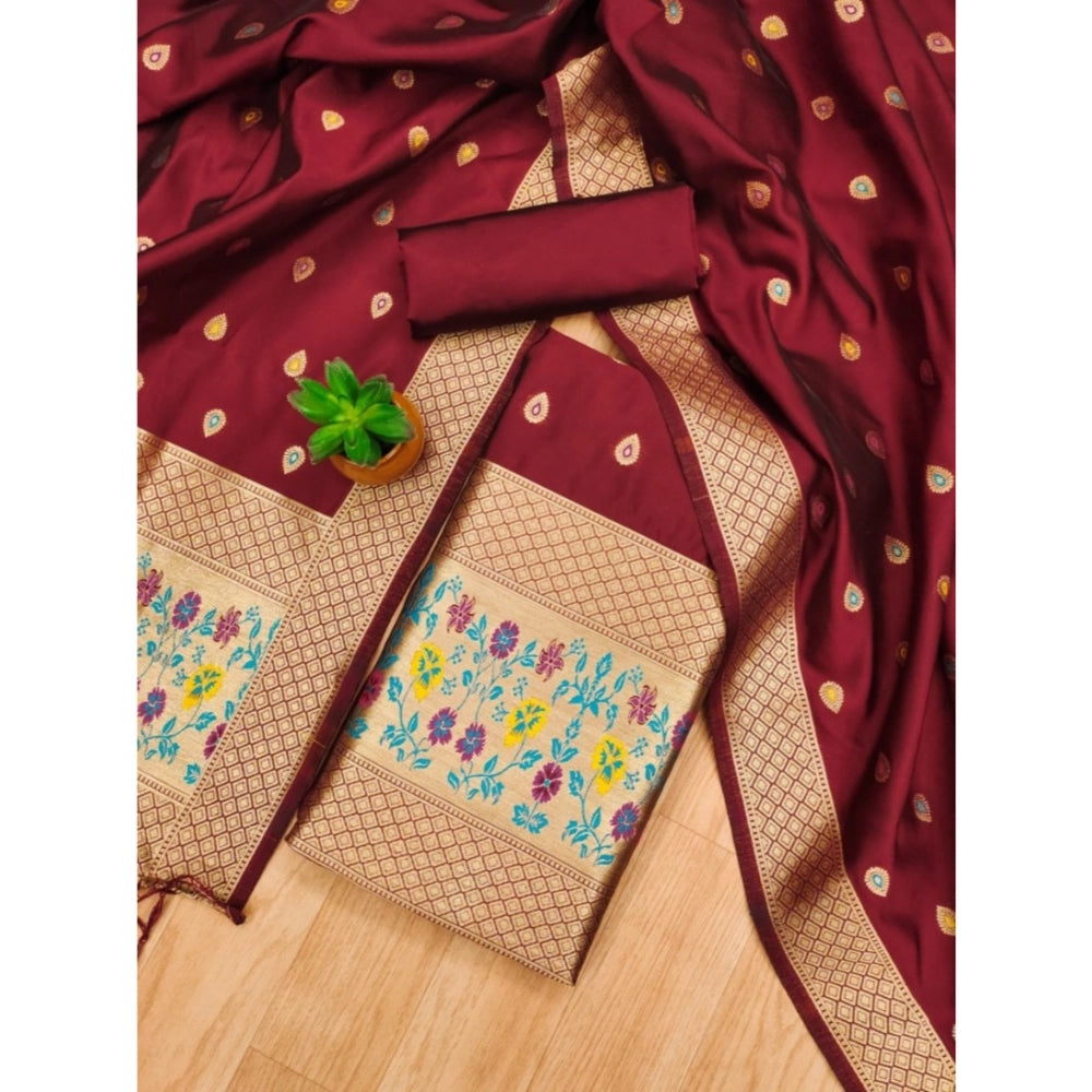 Generic Women's Banarasi Silk Printed Unstitched Salwar Suit Material With Dupatta (Maroon, 3Mtrs)