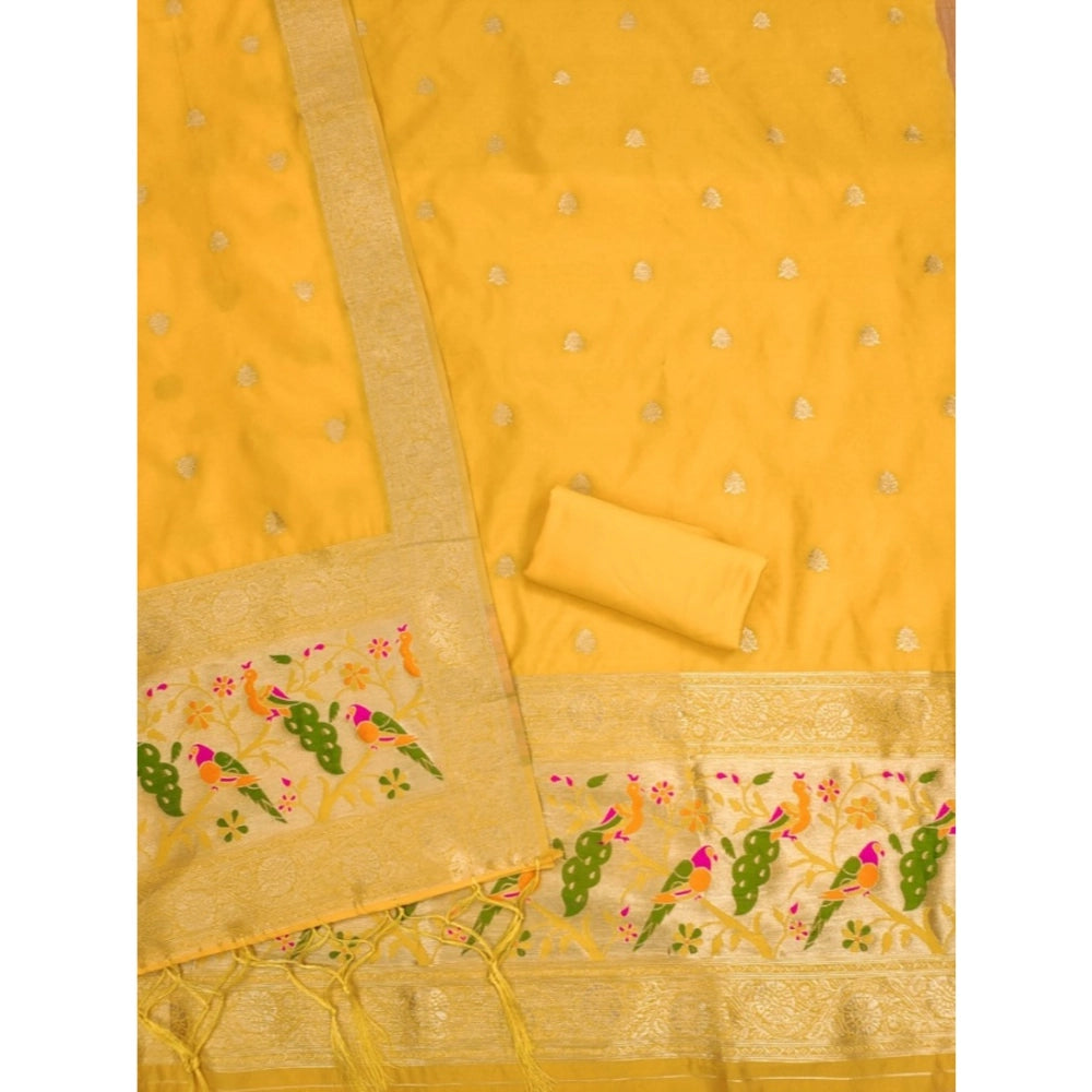 Generic Women's Banarasi Silk Printed Unstitched Salwar Suit Material With Dupatta (Yellow, 3Mtrs)
