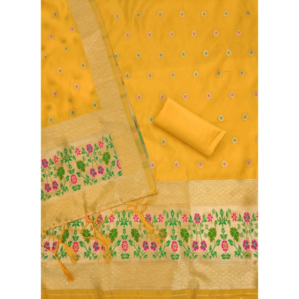 Generic Women's Banarasi Silk Printed Unstitched Salwar Suit Material With Dupatta (Yellow, 3Mtrs)