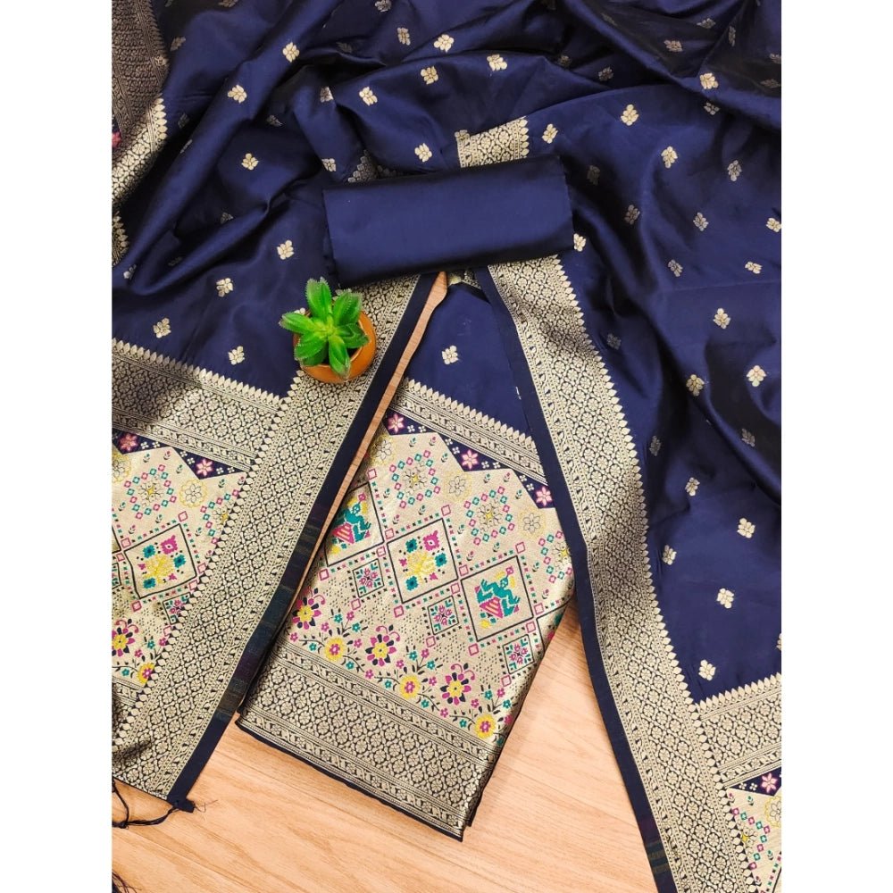 Generic Women's Banarasi Silk Printed Unstitched Salwar Suit Material With Dupatta (Navy Blue, 3Mtrs)