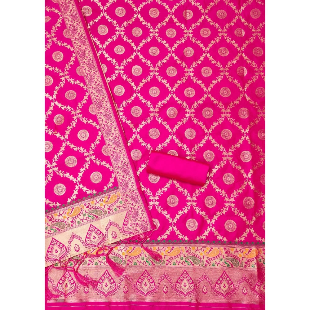 Generic Women's Banarasi Silk Printed Unstitched Salwar Suit Material With Dupatta (Pink, 3Mtrs)