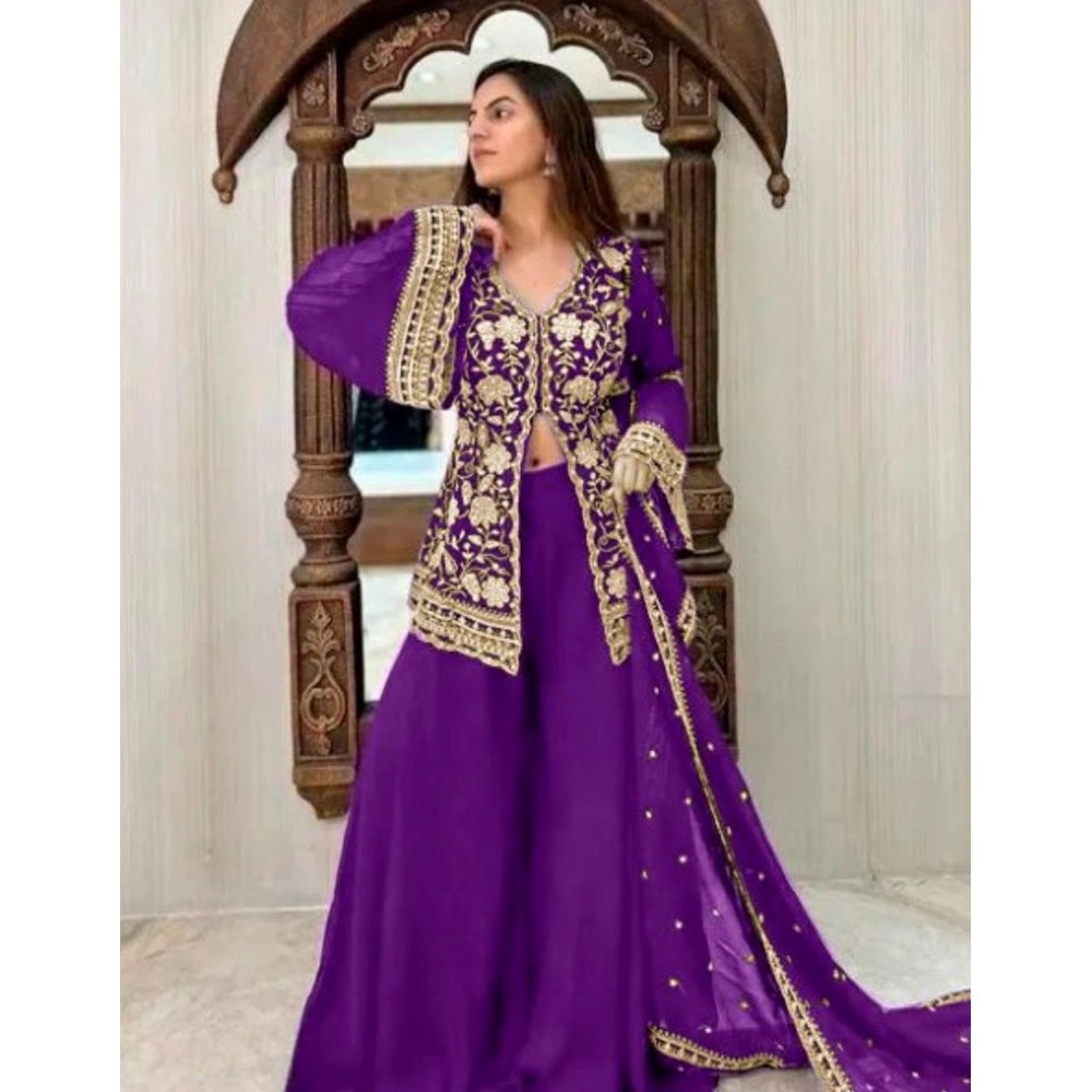 Generic Women's Georgette Embroidery 3-4th Sleeve V-Neck Kurti, Palazzo And Dupatta Set (Purple)