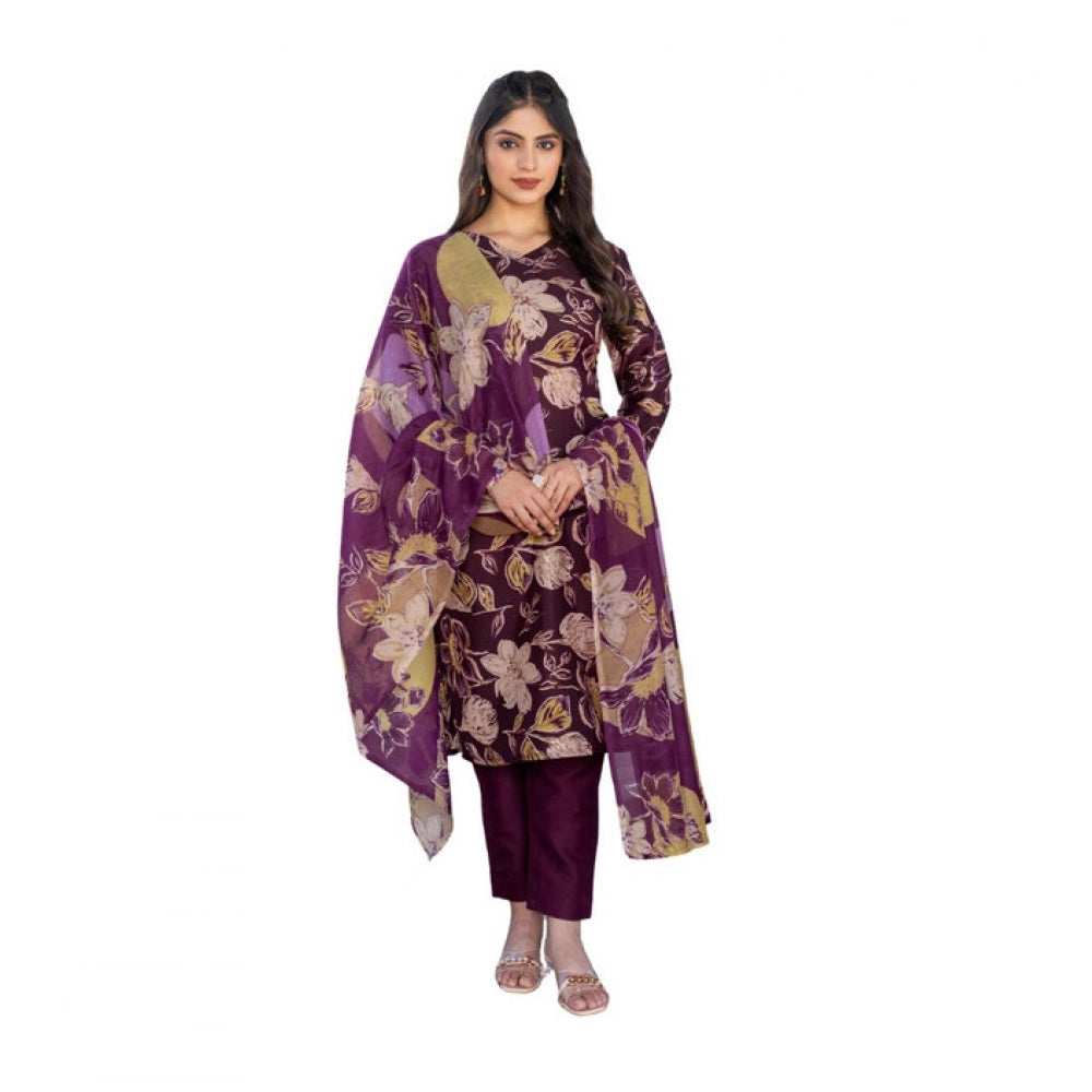 Generic Women's Cotton Blend Printed Kurti With Pant Dupatta Set (Purple)