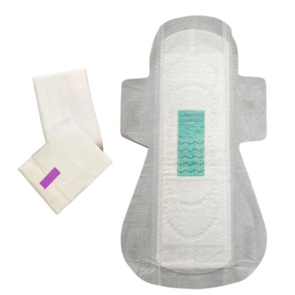 Generic Pack of_12 Pcs Cotton Green wave Anion Sanitary Pads with Wings (White)