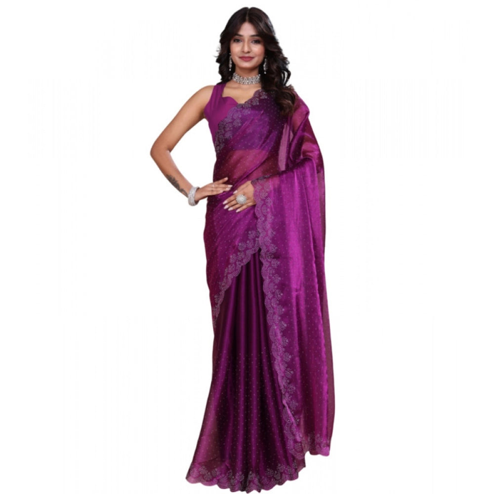Generic Women's Tissue Pure Silk Embellished Bollywood Saree With Unstitched Blouse 5.5Mtr (Purple)