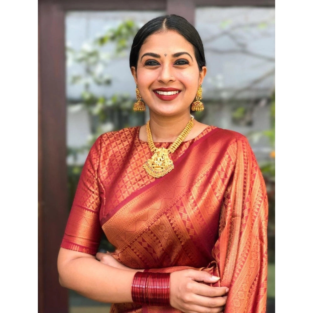 Generic Women's Litchi silk Printed Saree With Unstitched Blouse (Red)