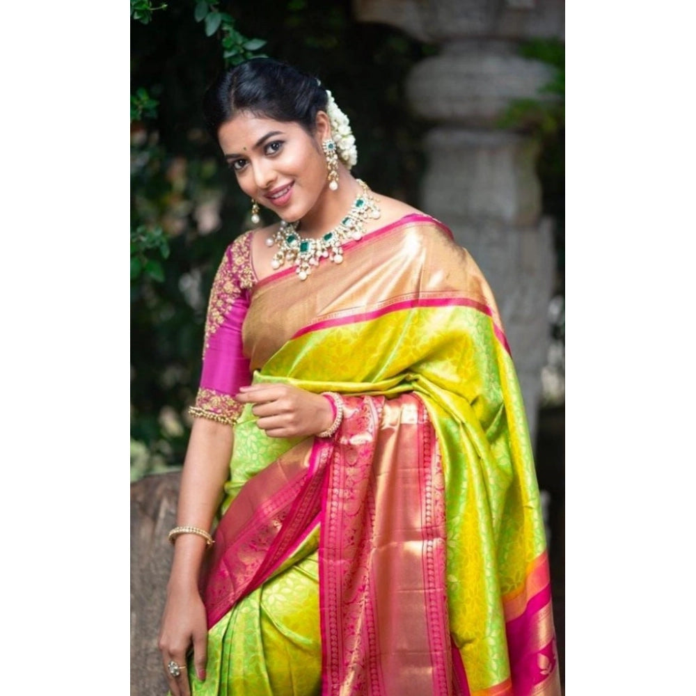 Generic Women's Litchi silk Printed Saree With Unstitched Blouse (Green)