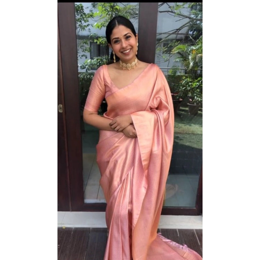 Generic Women's Litchi silk Printed Saree With Unstitched Blouse (Peach)