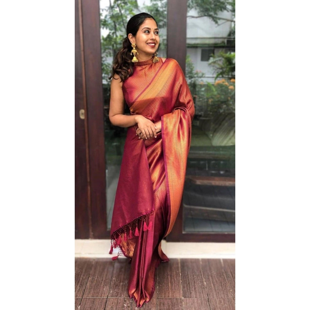 Generic Women's Litchi silk Printed Saree With Unstitched Blouse (Red)