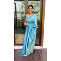 Generic Women's Litchi silk Printed Saree With Unstitched Blouse (Sky Blue)