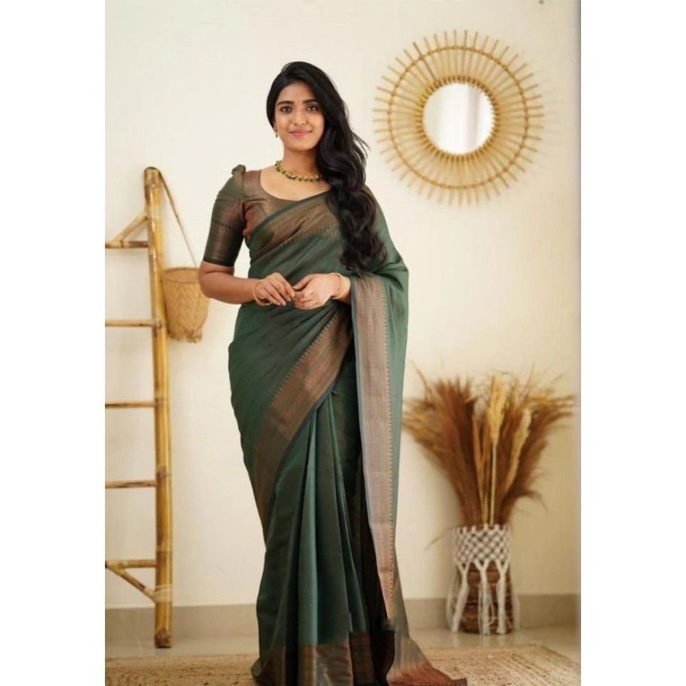 Generic Women's Litchi silk Printed Saree With Unstitched Blouse (Green)