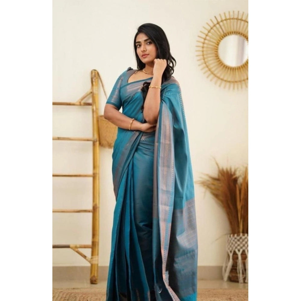Generic Women's Litchi silk Printed Saree With Unstitched Blouse (Rama Blue)