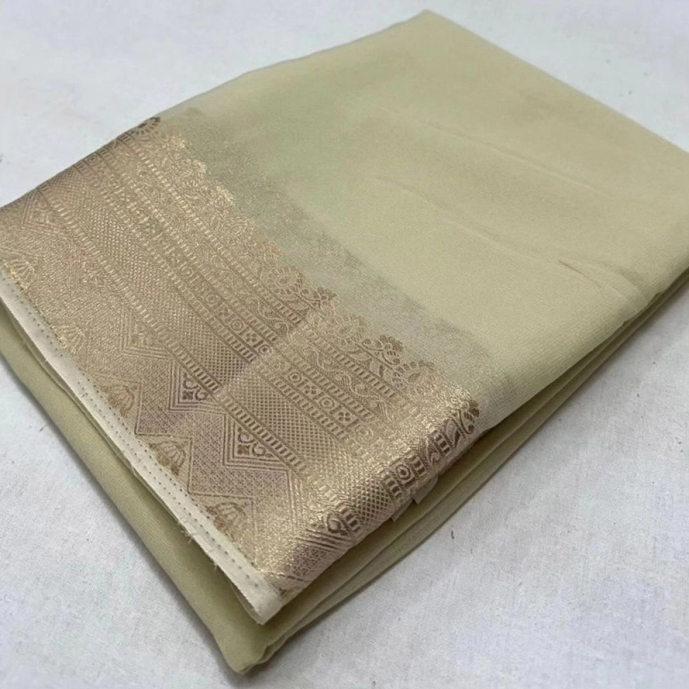 Generic Women's Crepe Chit Pallu Solid Saree With Unstitched Blouse 5.5Mtr (Beige)