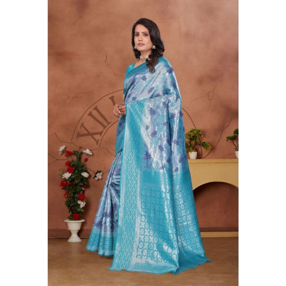 Generic Women's Banarasi Silk Jaquard Woven Saree With Unstitched Blouse 5.5Mtr (Light Blue)