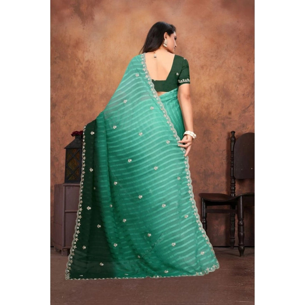Generic Women's Chiffon Embroidred Saree With Unstitched Blouse 5.5Mtr (Dark Green)