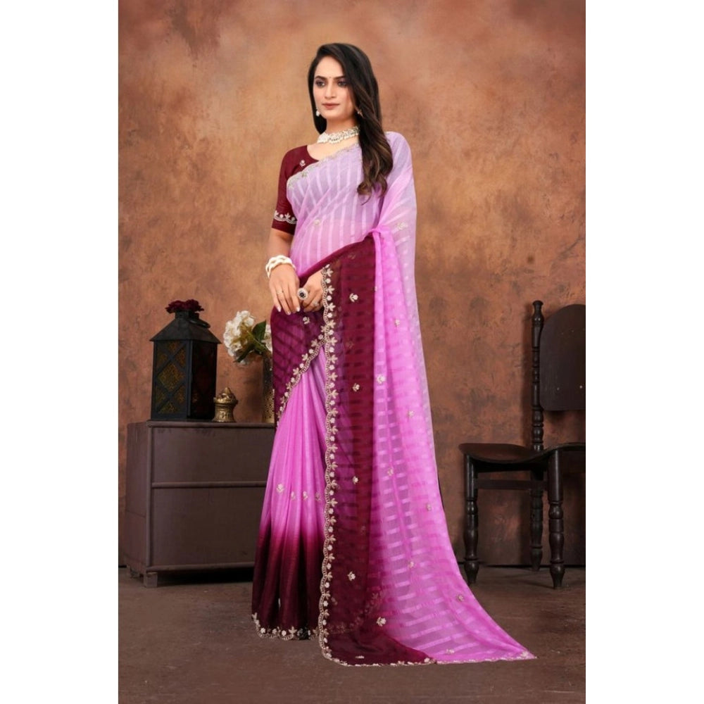 Generic Women's Chiffon Embroidred Saree With Unstitched Blouse 5.5Mtr (Pink)