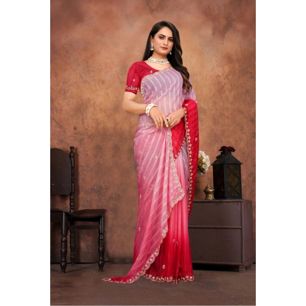 Generic Women's Chiffon Embroidred Saree With Unstitched Blouse 5.5Mtr (Pink)