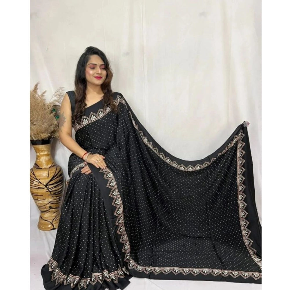 Generic Women's Satin Printed Saree With Unstitched Blouse 5.5Mtr (Black)