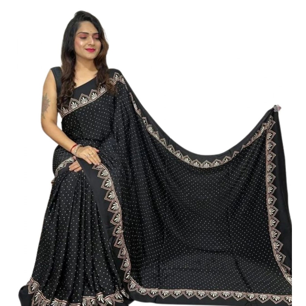 Generic Women's Satin Printed Saree With Unstitched Blouse 5.5Mtr (Black)