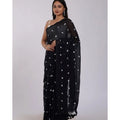 Generic Women's Linen Printed Saree With Unstitched Blouse 5.5Mtr (Black)