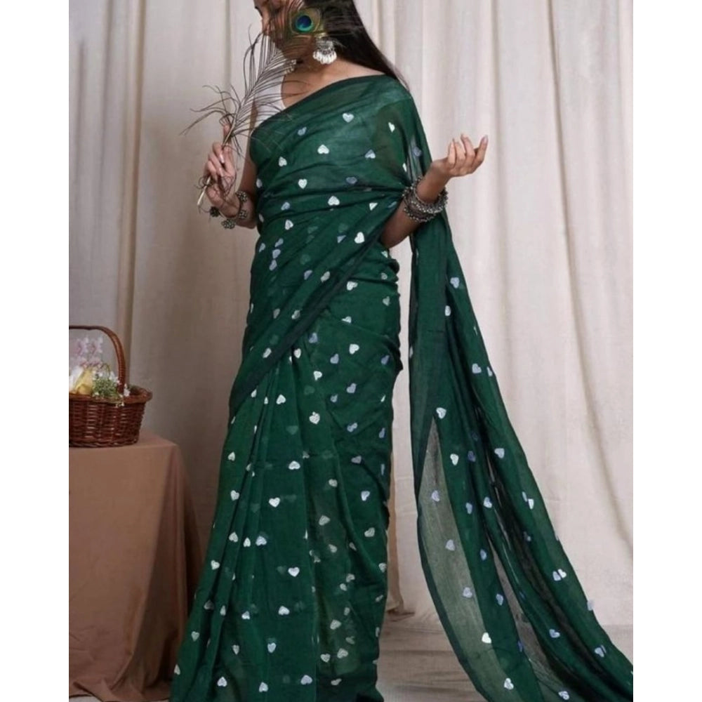 Generic Women's Linen Printed Saree With Unstitched Blouse 5.5Mtr (Green)
