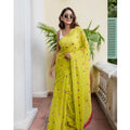 Generic Women's Linen Printed Saree With Unstitched Blouse 5.5Mtr (Light Green)
