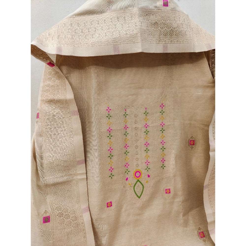 Generic Women's Banarasi Silk Printed Unstitched Salwar Suit Material With Dupatta (Cream, 3Mtrs)