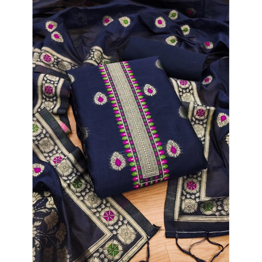 Generic Women's Banarasi Silk Printed Unstitched Salwar Suit Material With Dupatta (Navy Blue, 3Mtrs)