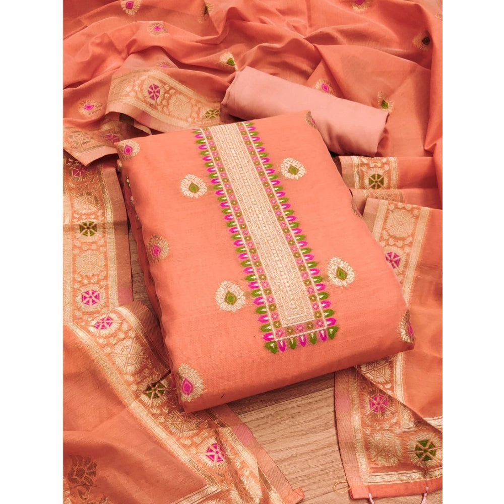 Generic Women's Banarasi Silk Printed Unstitched Salwar Suit Material With Dupatta (Peach, 3Mtrs)
