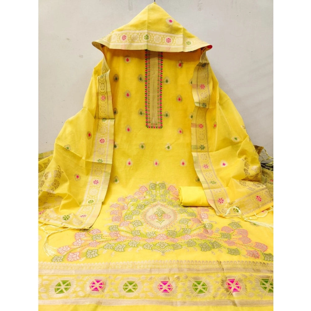 Generic Women's Banarasi Silk Printed Unstitched Salwar Suit Material With Dupatta (Yellow, 3Mtrs)