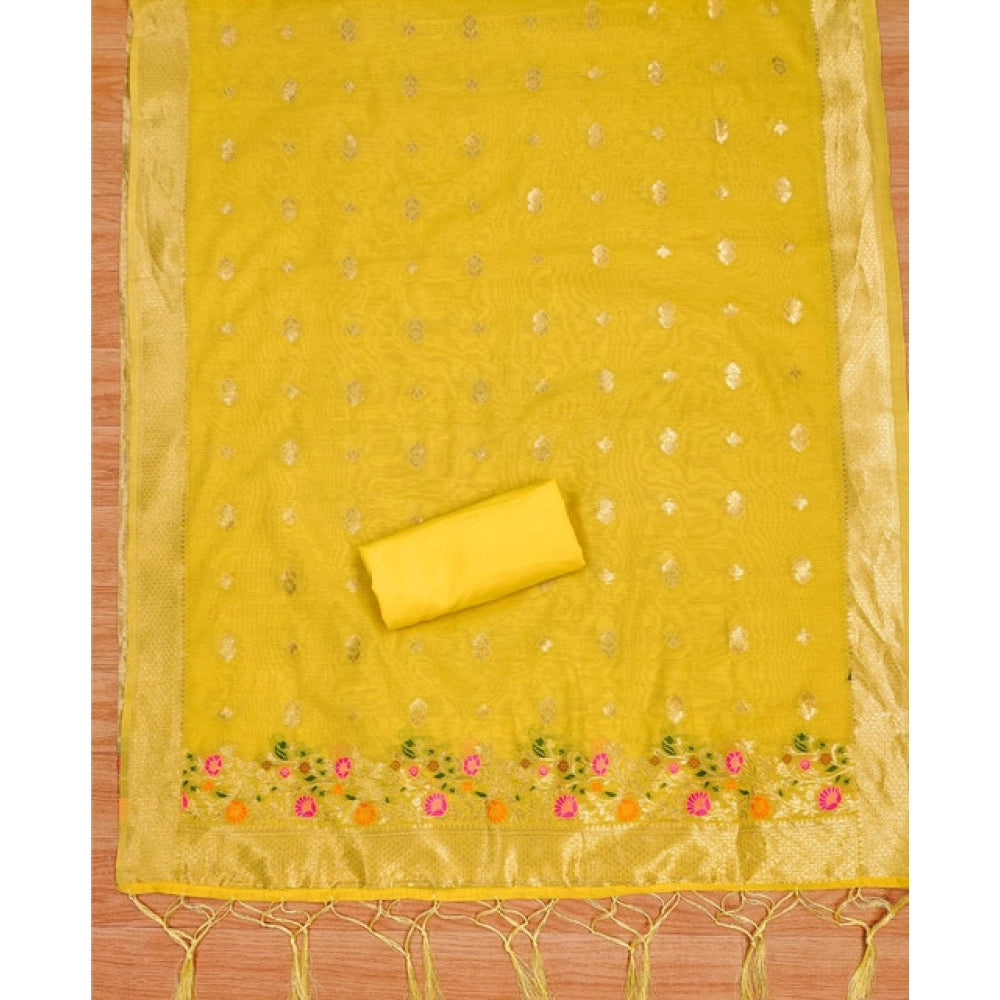 Generic Women's Banarasi Silk Printed Unstitched Salwar Suit Material With Dupatta (Yellow, 3Mtrs)