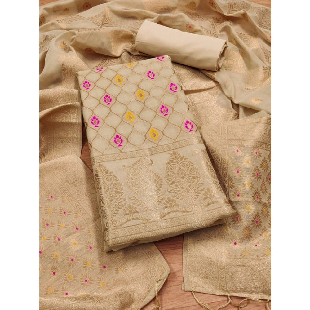 Generic Women's Banarasi Silk Printed Unstitched Salwar Suit Material With Dupatta (Cream, 3Mtrs)