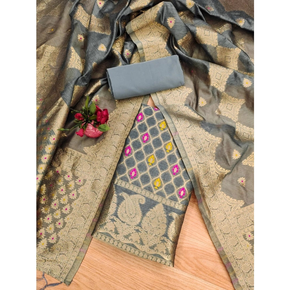Generic Women's Banarasi Silk Printed Unstitched Salwar Suit Material With Dupatta (Grey, 3Mtrs)