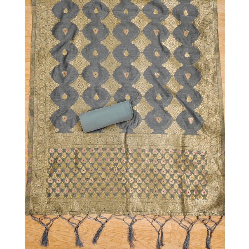 Generic Women's Banarasi Silk Printed Unstitched Salwar Suit Material With Dupatta (Grey, 3Mtrs)