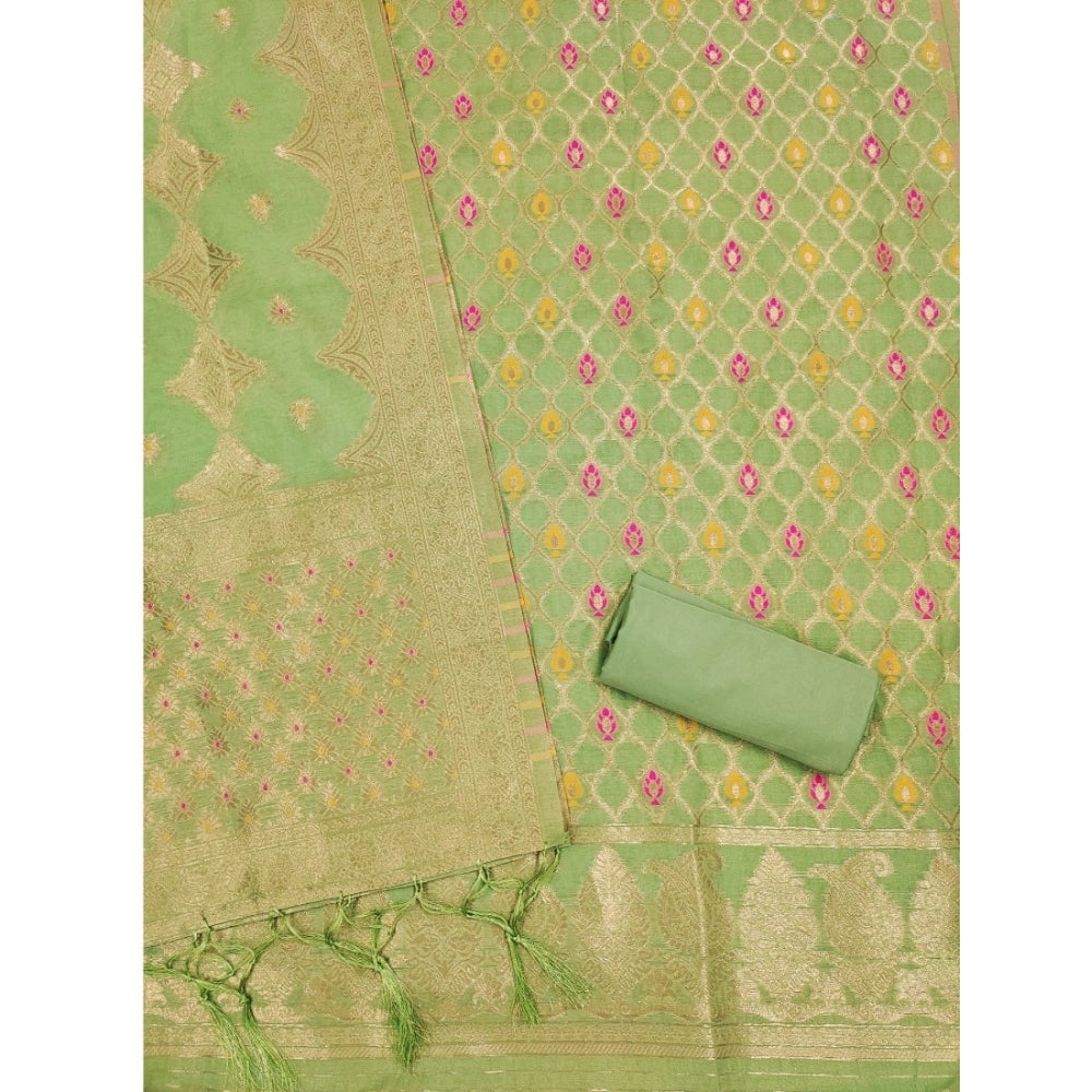 Generic Women's Banarasi Silk Printed Unstitched Salwar Suit Material With Dupatta (Pista, 3Mtrs)