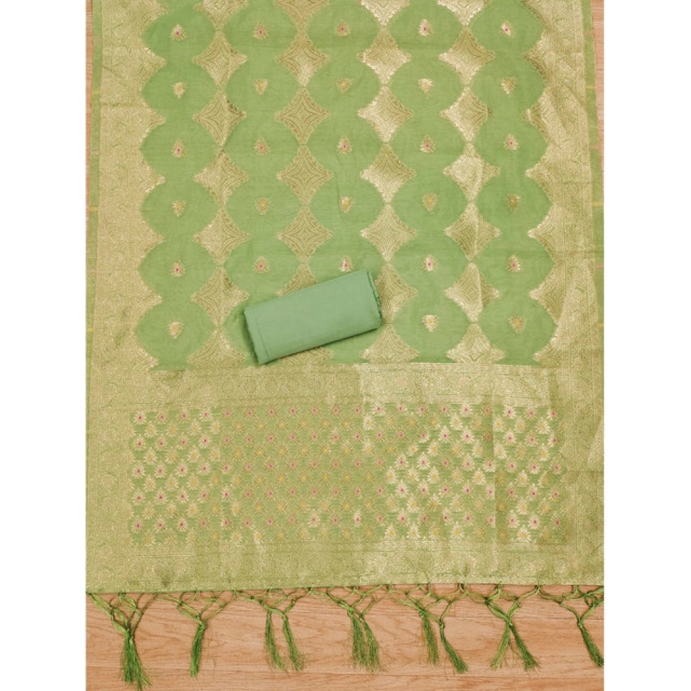 Generic Women's Banarasi Silk Printed Unstitched Salwar Suit Material With Dupatta (Pista, 3Mtrs)